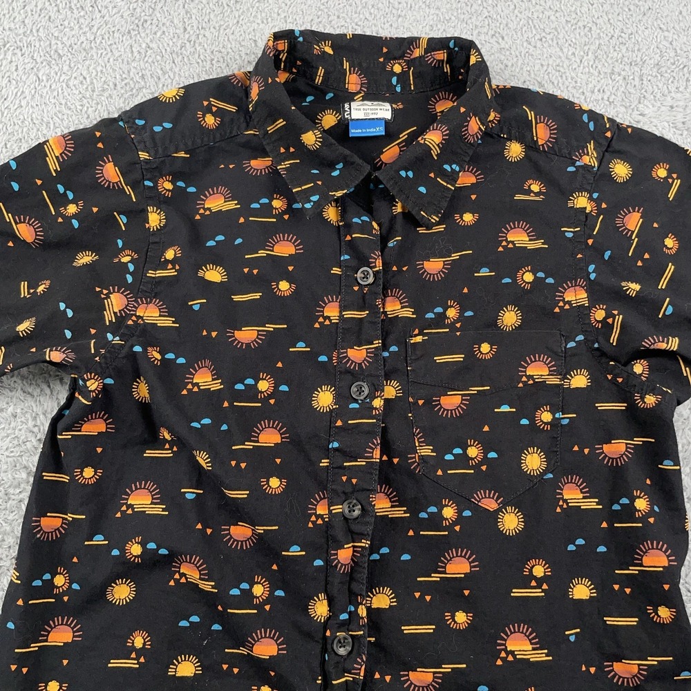 KAVU Shirt Womens XS Black Short Sleeve Button Down Sunset Print All Over Cotton